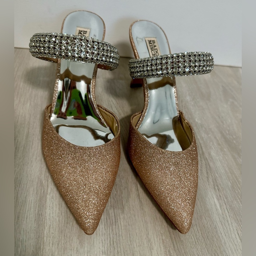 Badgley Mischka Jewel Gold Glitter Jan Strappy Pointed Toe Heels Mule 8 - Picture 8 of 16